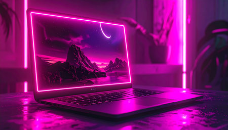 Laptop with a pink neon screen and a mountain in the backgroundの素材