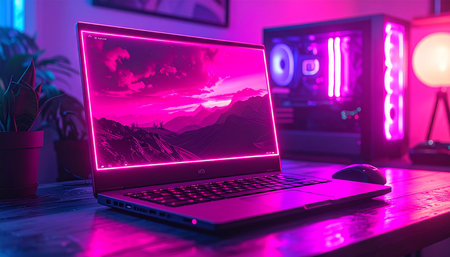 Laptop with red screen on table in dark room with RGB lightingの素材