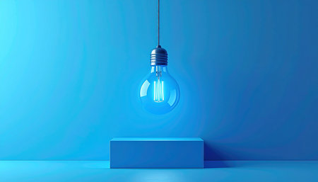 Light bulb on blue background, 3d rendering. Computer digital drawing.の素材