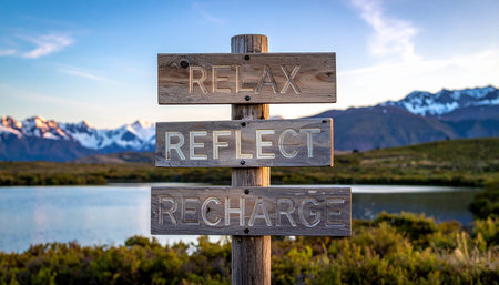 Wooden signpost with the words Relax, Reflection, Repeat, Repeat, Repeat, Repeat.の素材