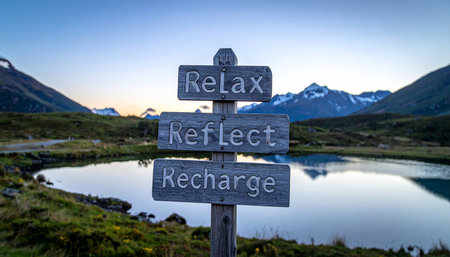 Wooden signpost in the mountains with the text Relaxed Reflectionの素材