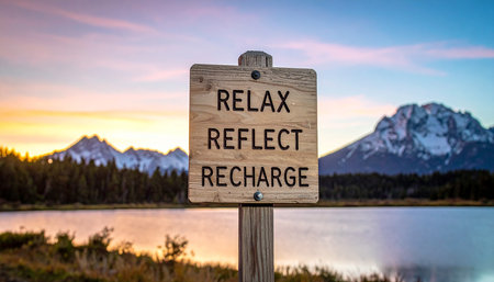 Wooden sign with text Relax Relaxation, Reflection of Grand Teton National Park, Wyoming, USAの素材