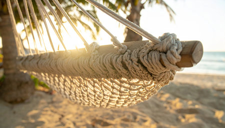 Hammock on the beach at sunset time. Vacation conceptの素材