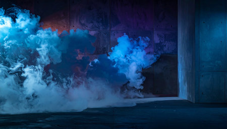 Dramatic blue and white smoke in a dark room. 3d renderingの素材