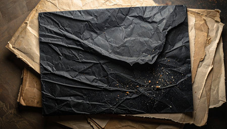 Black crumpled paper on old wooden background. Top view.の素材