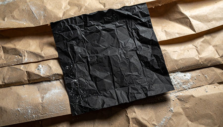 Black crumpled paper on brown paper background with space for textの素材