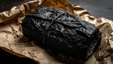 Traditional italian black cheese on a dark background. Top view.の素材