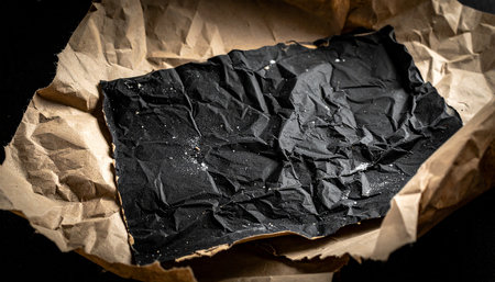 Black crumpled paper on a black background. Toned.の素材