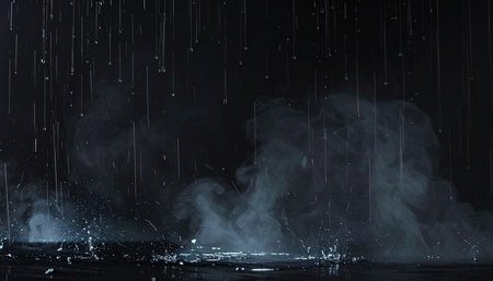 Raindrops falling on a black background. Abstract background for design.の素材