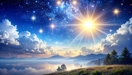 Fantastic night landscape with rising sun above the clouds in the mountainsの素材