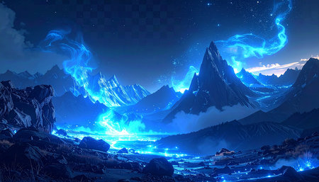 Fantasy landscape with mountains in the night. 3D illustration.の素材