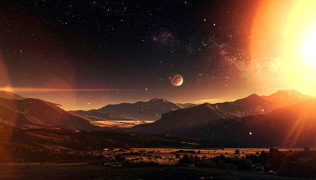 Fantasy landscape with mountains and the moon. Elements of this image furnished by NASAの素材