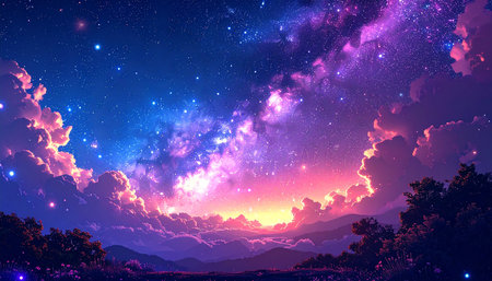 Night sky with stars and milky way. Colorful illustration.の素材