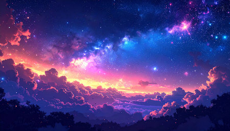 Night sky with stars and nebula. Vector illustration. Colorful background.の素材