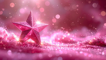 Red Christmas star on a pink background. 3d illustration. Festive background.の素材