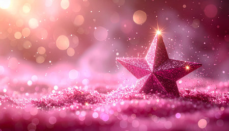 Christmas background with pink star and bokeh lights. 3d renderingの素材