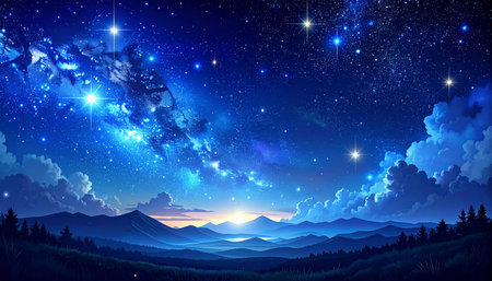 Mountain landscape at night with stars and clouds. Vector illustration.の素材