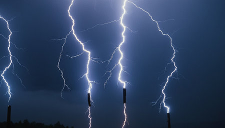 Lightning strike in the night sky. Thunderstorm and lightning.の素材