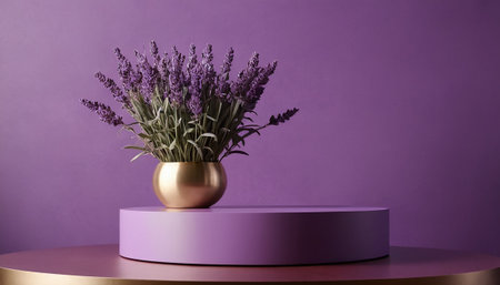 Purple podium with lavender flowers in vase on purple backgroundの素材
