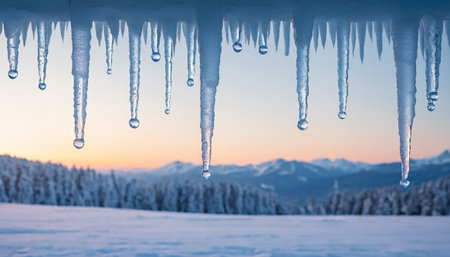 Icicles hang from the roof of a building against the background of the mountainsの素材