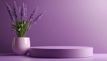 Purple podium with lavender flowers on purple background. 3d renderの素材