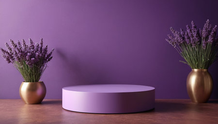 Purple podium with lavender flowers on table. 3d renderの素材