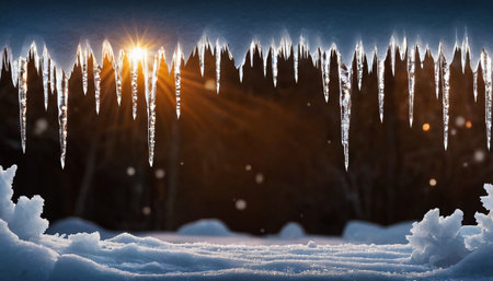 Winter landscape with icicles on the roof and sun in the skyの素材