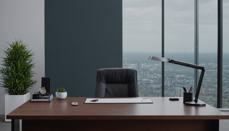 Interior of modern office with panoramic window and city viewの素材