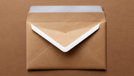 Envelope with a white card on a brown background, top viewの素材