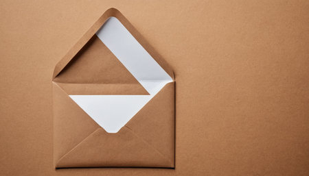 Envelope with white paper on a brown background, top viewの素材