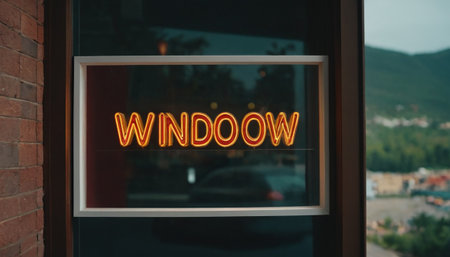 Illuminated signboard with word WINDOW in front of a shop windowの素材