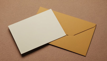 Blank business card and envelope on brown background. Mockup for branding identity.の素材
