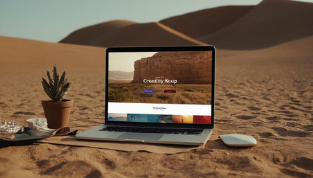 Digital composite of Laptop in the desert with responsive website on screenの素材