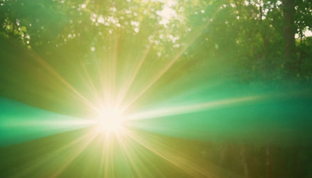 Sunlight in the green forest. Nature background. Lens flare.の素材