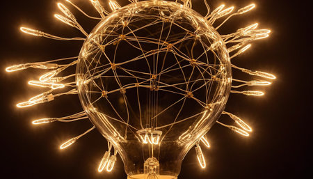 Glowing light bulb with glowing wireframe, concept of new ideaの素材