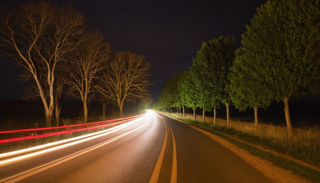 Night road with light trails of cars and trees in the foreground.の素材