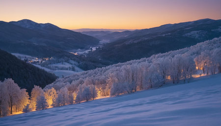 Winter landscape with trees covered with hoarfrost in the mountains at sunsetの素材
