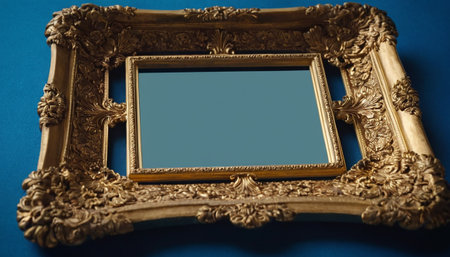 Vintage picture frame on blue background. Close-up shot.の素材