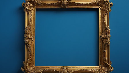 Classic golden frame on blue background. 3d render illustration mockupの素材