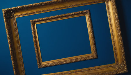 Photo frame on a blue wall, close-up. 3d renderingの素材