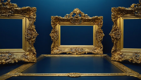 Luxury golden frames on a blue background. 3d renderingの素材
