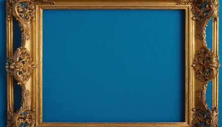 Golden picture frame on blue background. Copy space for your text.の素材