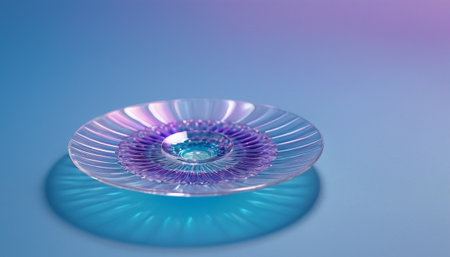 Transparent glass bowl on a blue background, close-up.の素材