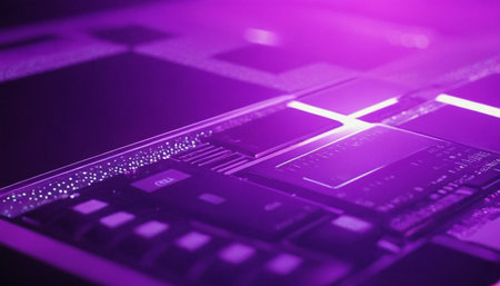 Close up of a modern laptop with blue and purple light in the backgroundの素材