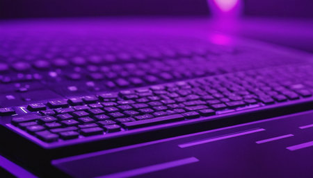 Close up of a laptop keyboard with purple light in the background.の素材