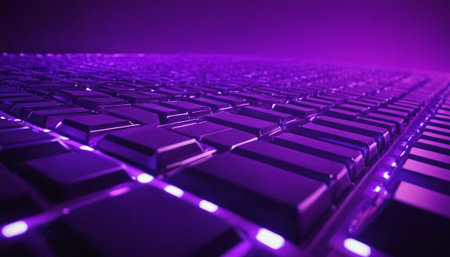 Computer keyboard in purple light. Abstract background. 3D rendering.の素材
