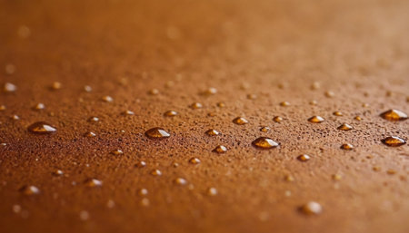 Close up of water drops on brown metallic surface. Abstract background.の素材