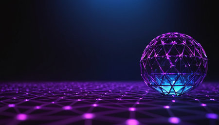 3d render of abstract polygonal sphere with glowing dots and linesの素材