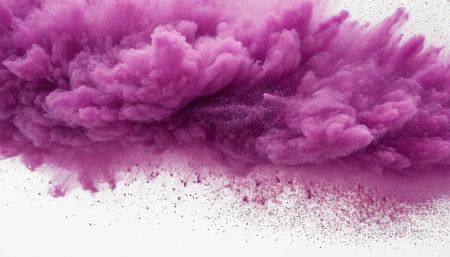 Purple powder explosion isolated on white background. Colorful cloud.の素材