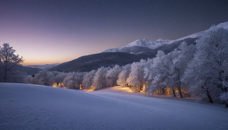 Beautiful winter landscape with snow covered trees in the mountains at nightの素材